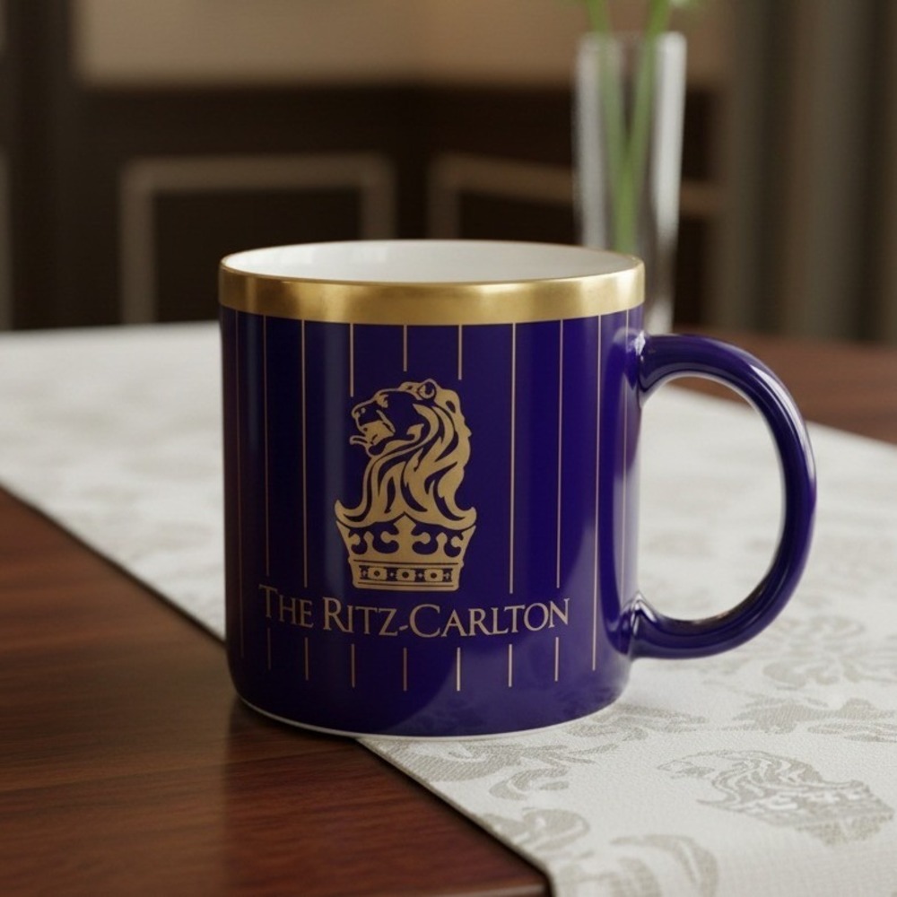 Ritz Carlton Luxury Hotel Coffee Mug, Cobalt Blue Gold Lion Crown Logo Drinkware